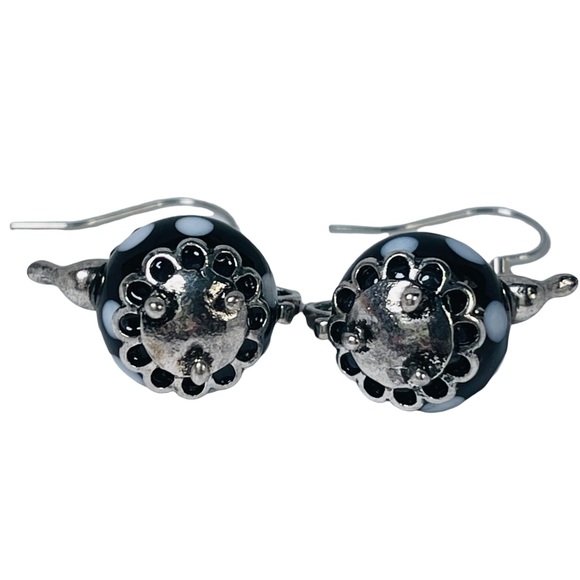 Polka dot glass black & white teapot dangly charm earrings NEW - Picture 5 of 6